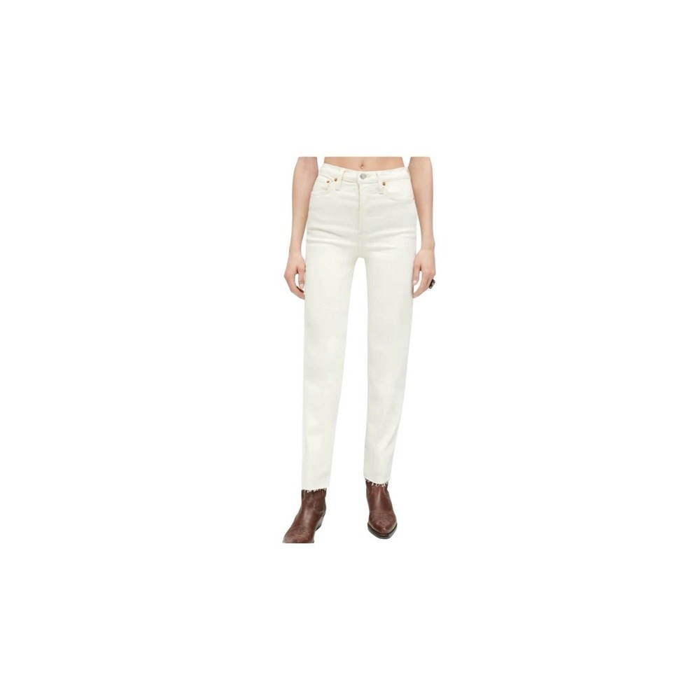 RE/DONE Jeans Size 24 70's Stove Pipe Frayed Ivory‎ High Rise With Stretch
